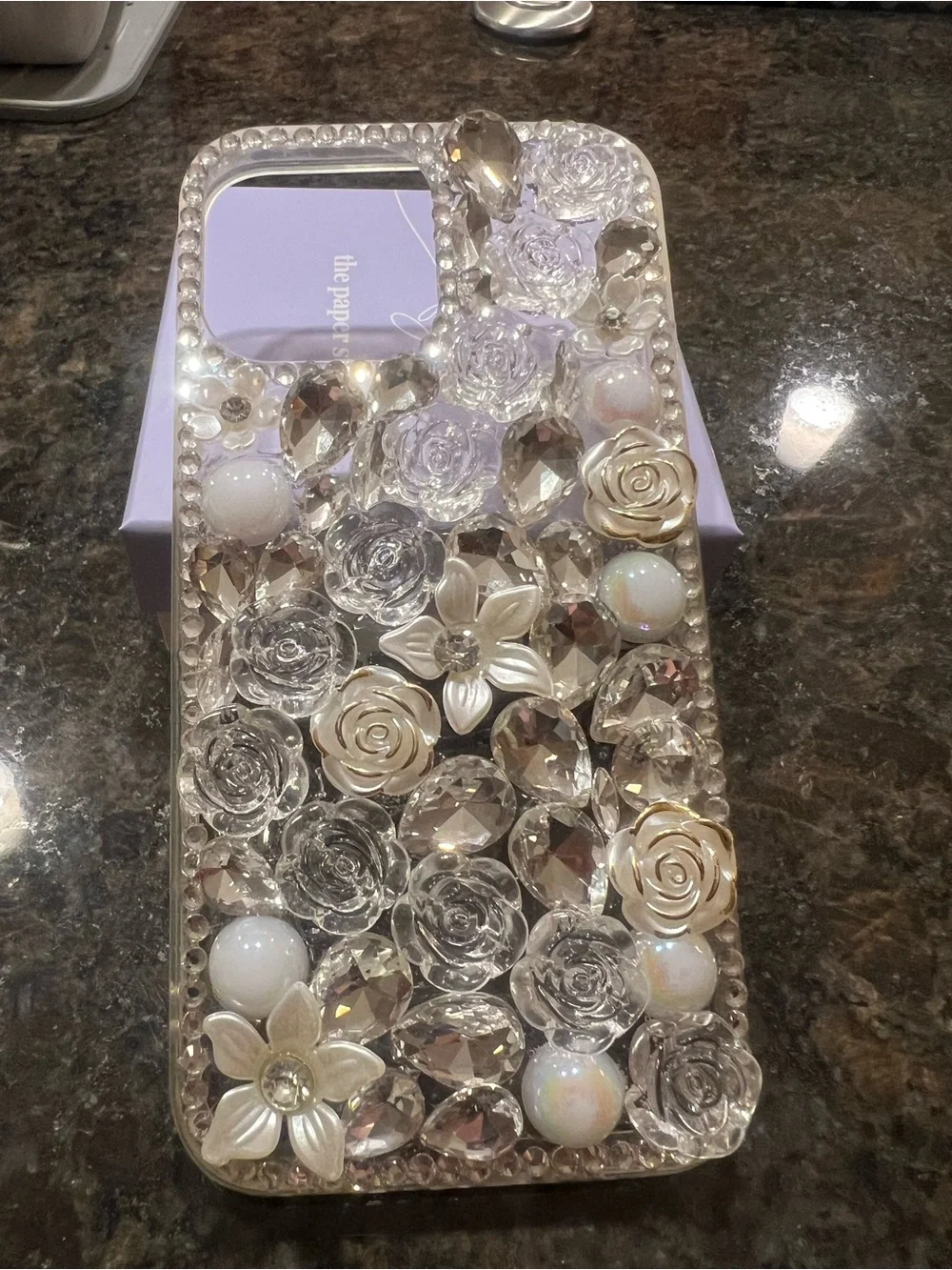 Elegant Crystal Floral Phone Case - Clear/Gold Accent 13/14 Pro Max case